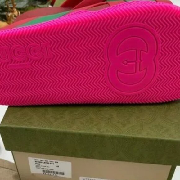 GUCCI 627820 Web Stripe Slide Sandal Coral Pink Green Red Women’s - Picture 2 of 5
